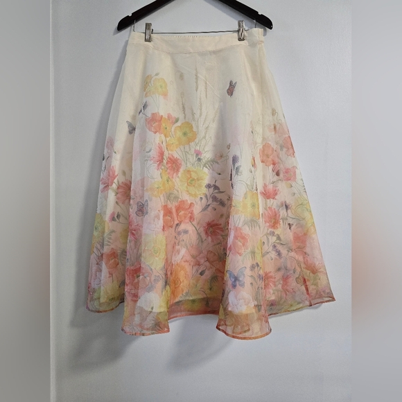 Rachel Zoe Floral A-Line Skirt Ivory Beige Flowers Midi Size M - Picture 3 of 9